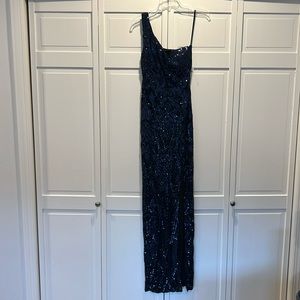 One shoulder black and navy sparkle dress
